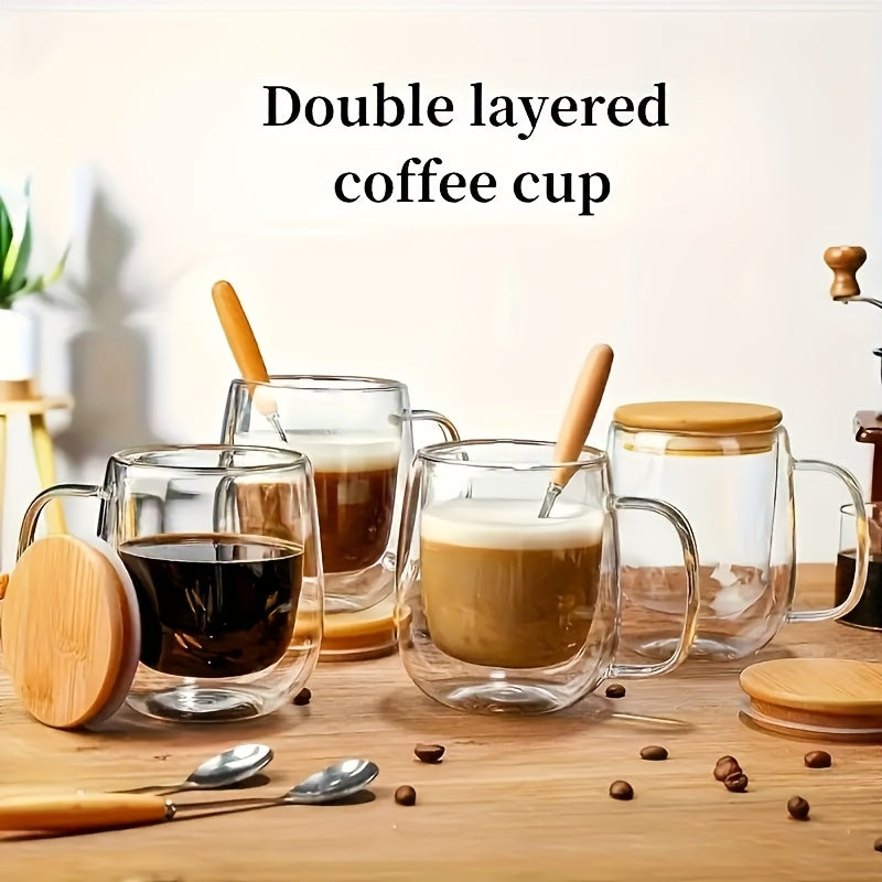 4pcs Set 350ml/11.84oz, With Lid And Spoon, Double-layer Glass Coffee Cup, Insulated Glass Coffee Cup, Set Of 4 Coffee Cups, Latte Coffee Cup, Americano, Cappuccino, Tea Bag, Transparent Glass